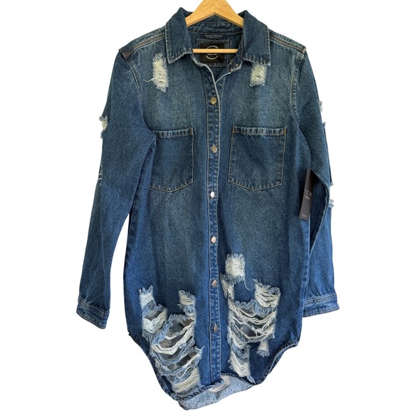American Bazi Jackets & Blazers - American Bazi Womens Distressed Denim Jacket Medium Wash Longline RJK-3712SI M